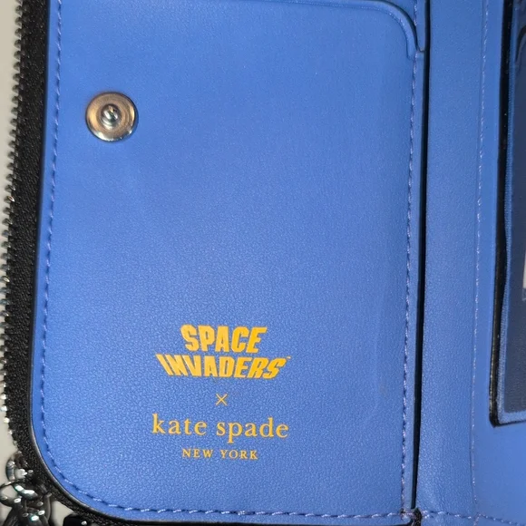 Kate Spade Black Glitter Space Invaders Wallet with Purple Zipper Pull